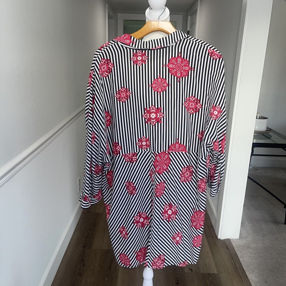 Chicos Sz 3 XL Black White Stripe Button Up Shirt Tunic Blouse Classic Rose Red - Picture 5 of 11